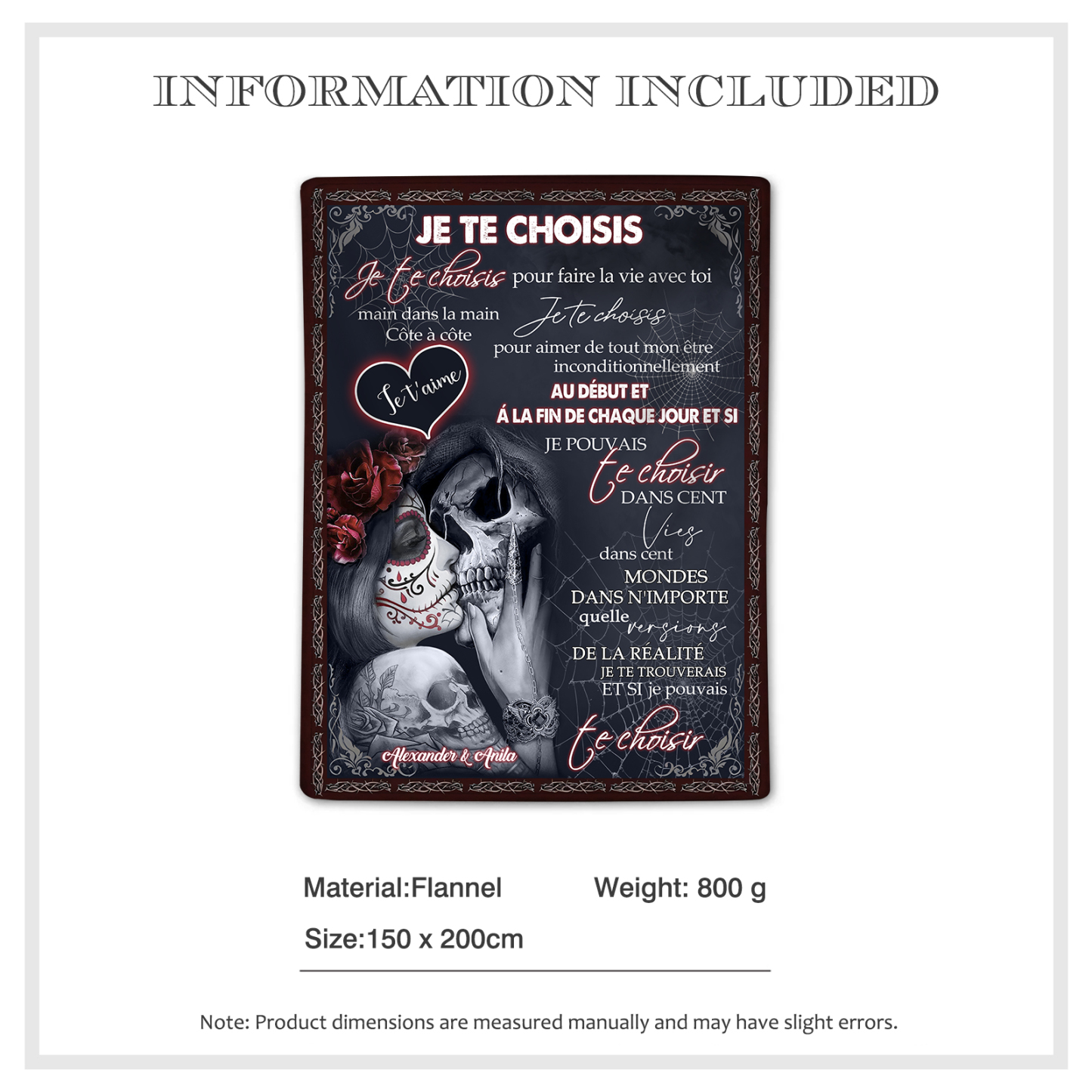 Couverture Plaids Polaire romantique 2 Prénoms Personnalisés avec Texte Cadeau pour Couple le saint-valentin | Jessemade