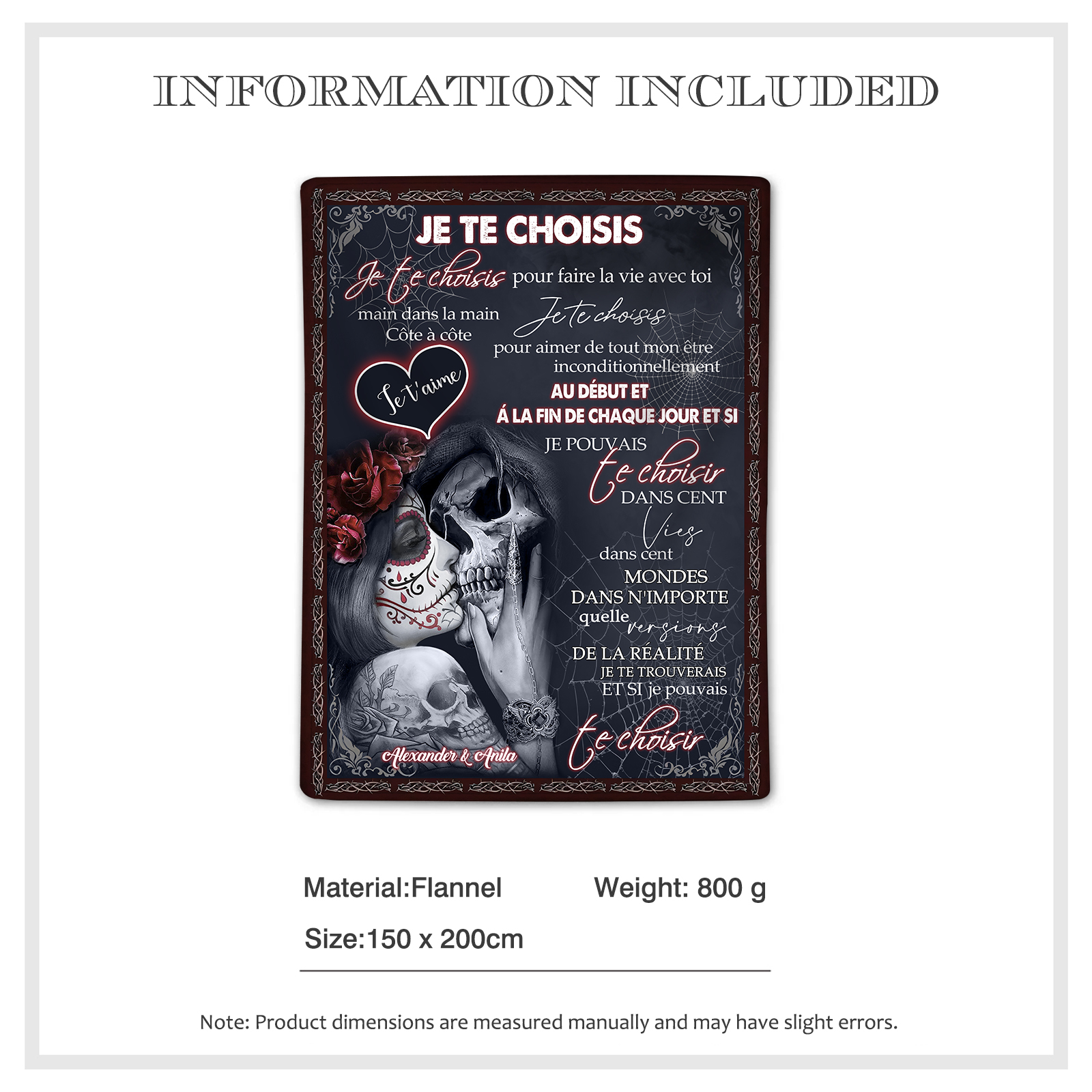 Couverture Plaids Polaire romantique 2 Prénoms Personnalisés avec Texte Cadeau pour Couple le saint-valentin | Jessemade