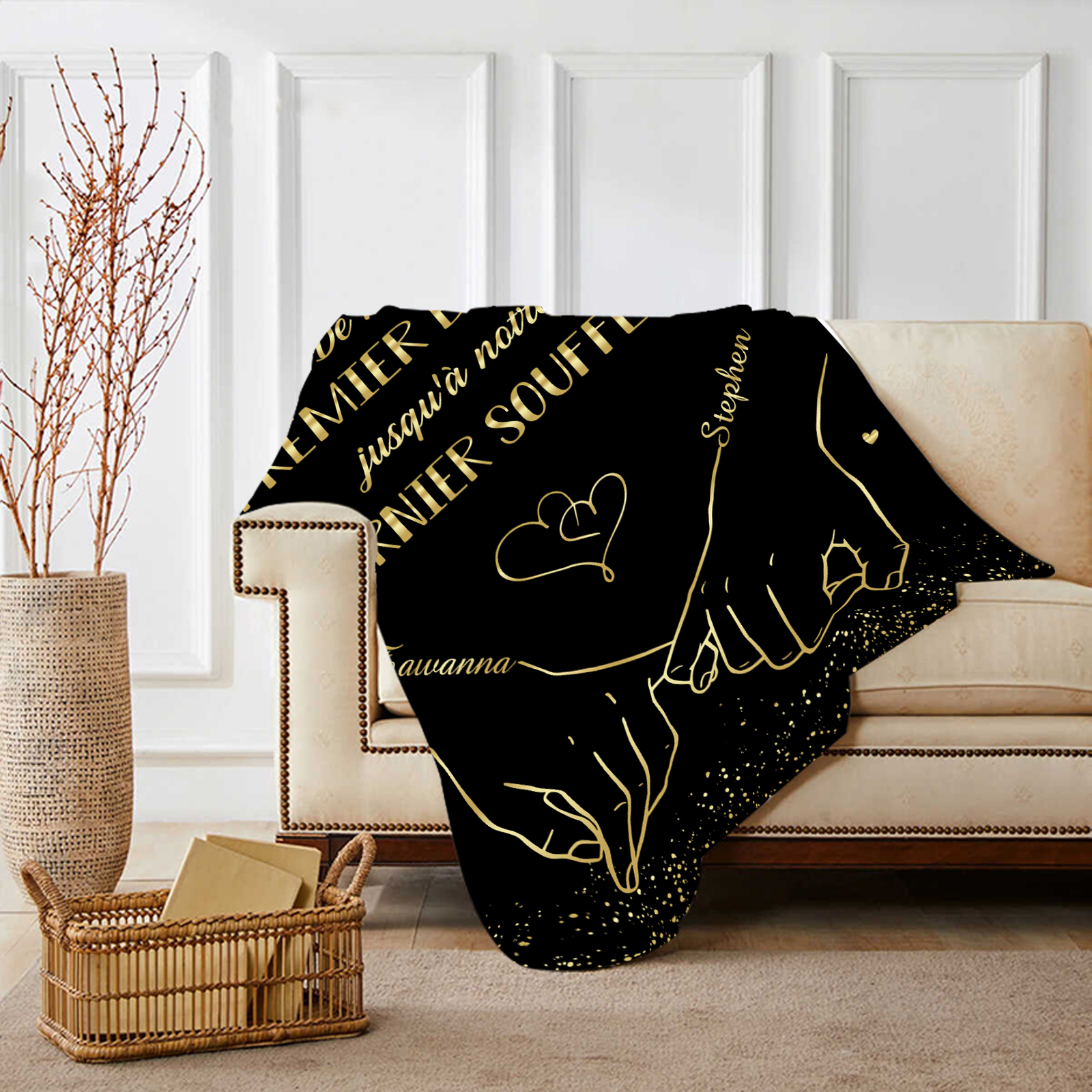 Couverture plaids polaire mains et cœur 2 Prénoms Personnalisés Noir Cadeau Romantique pour couple saint valentin | Jessemade