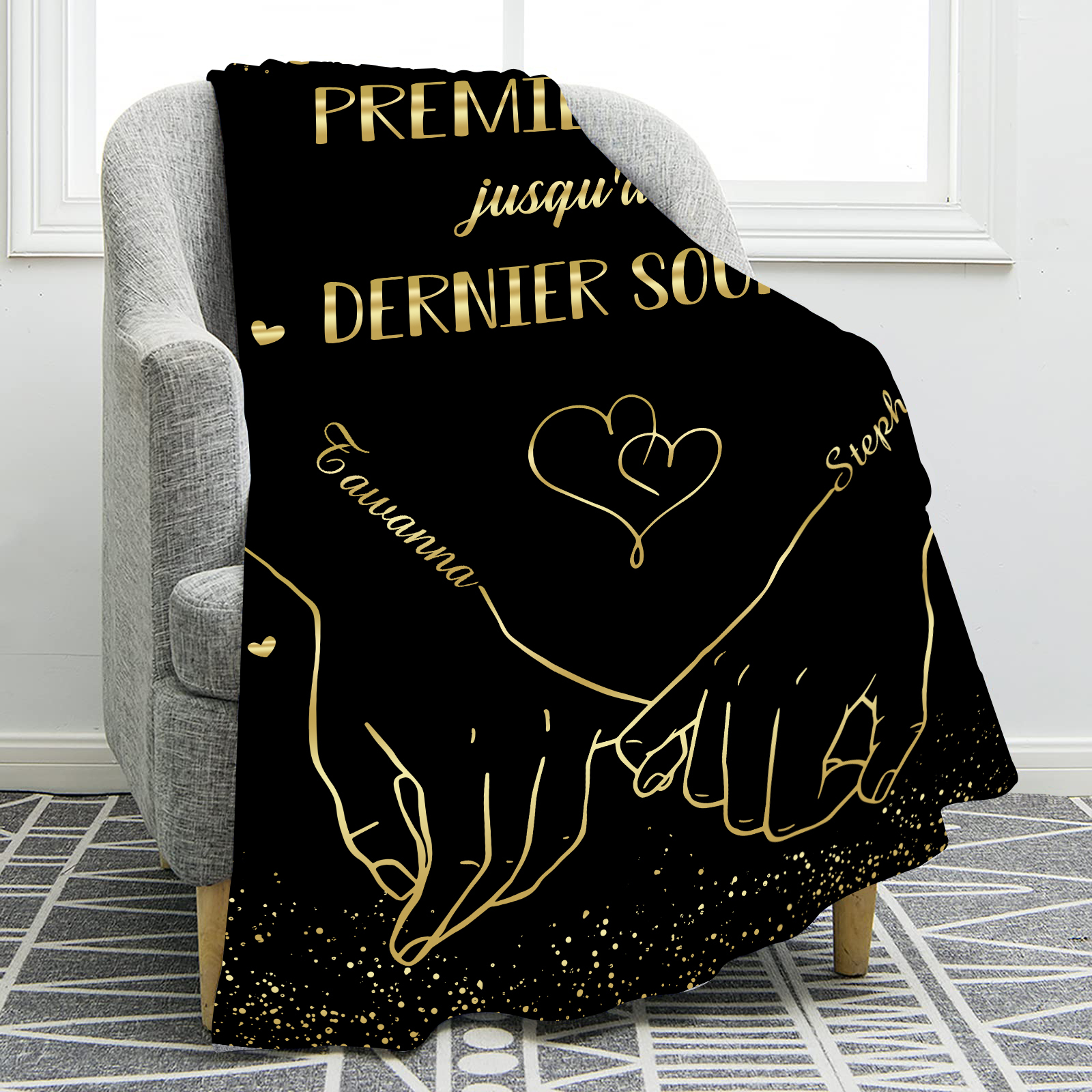 Couverture plaids polaire mains et cœur 2 Prénoms Personnalisés Noir Cadeau Romantique pour couple saint valentin | Jessemade