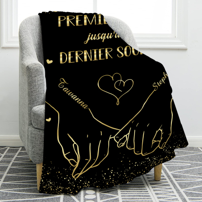 Couverture plaids polaire mains et cœur 2 Prénoms Personnalisés Noir Cadeau Romantique pour couple saint valentin | Jessemade