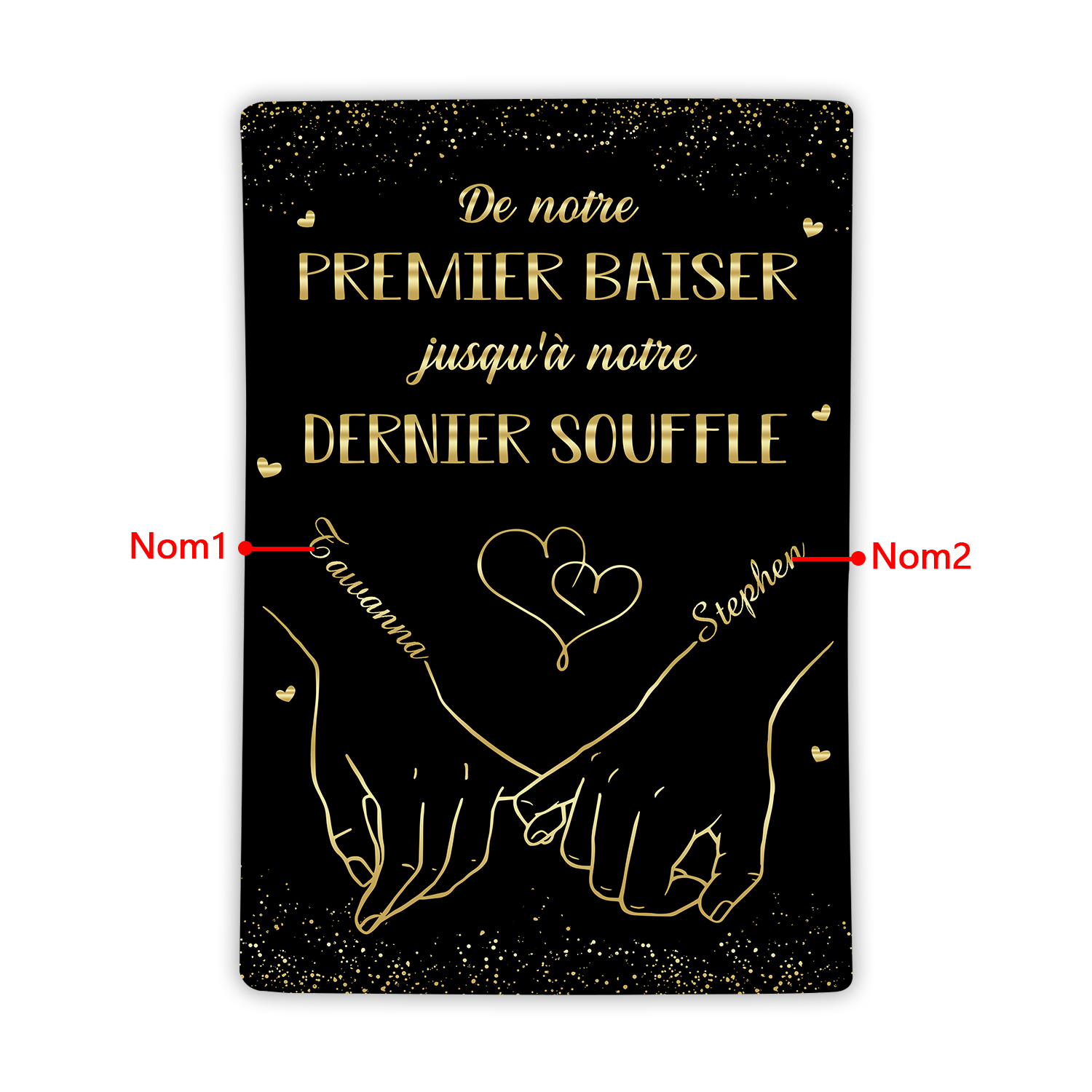 Couverture plaids polaire mains et cœur 2 Prénoms Personnalisés Noir Cadeau Romantique pour couple saint valentin | Jessemade