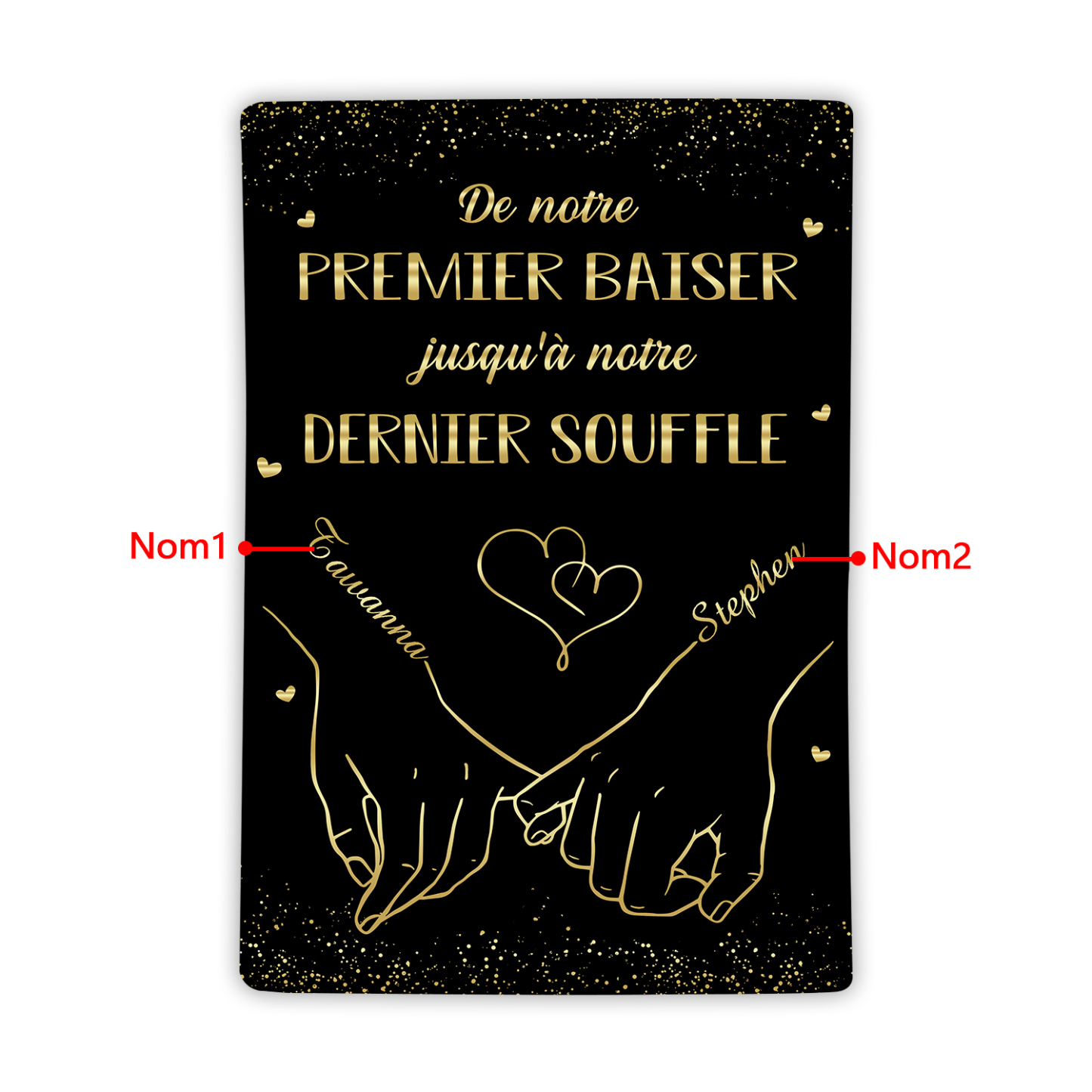 Couverture plaids polaire mains et cœur 2 Prénoms Personnalisés Noir Cadeau Romantique pour couple saint valentin | Jessemade