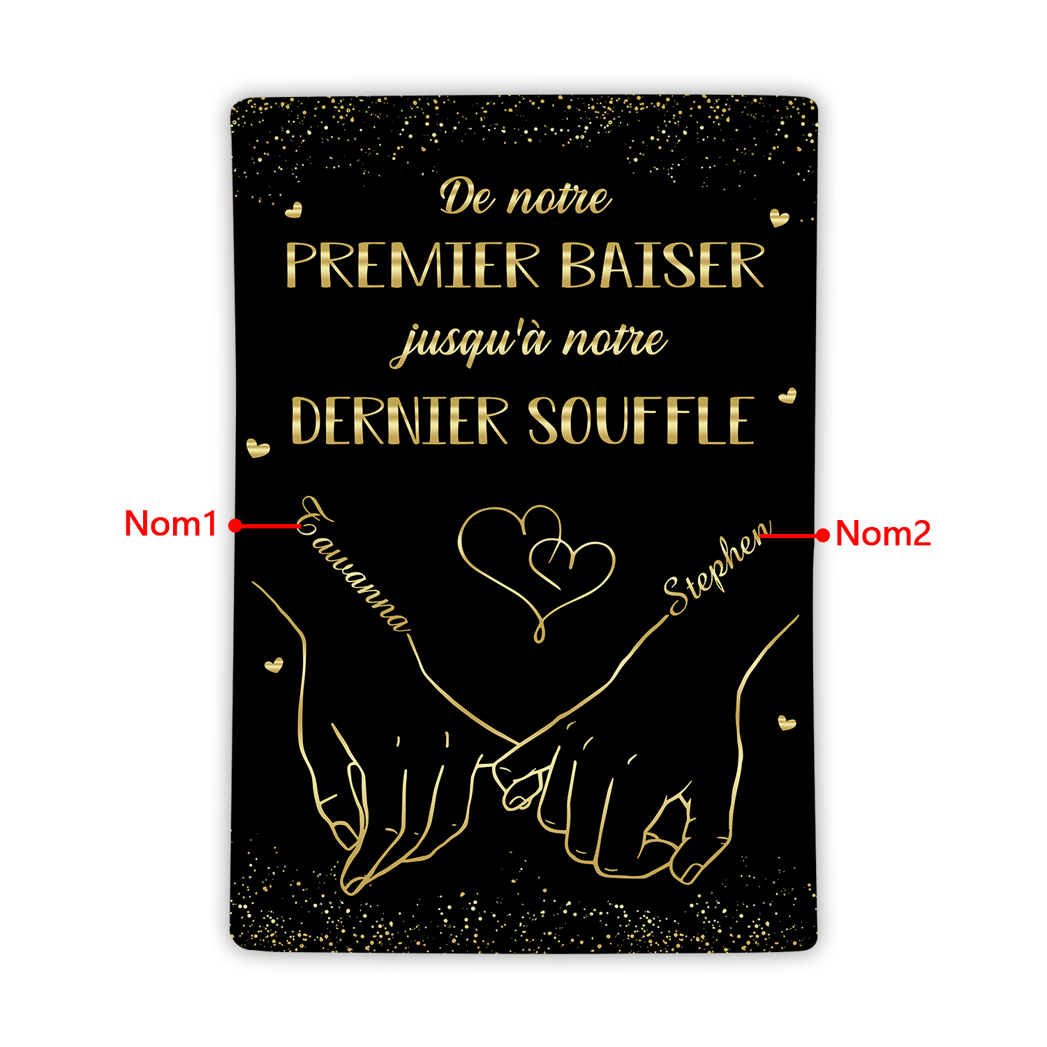 Couverture plaids polaire mains et cœur 2 Prénoms Personnalisés Noir Cadeau Romantique pour couple saint valentin | Jessemade