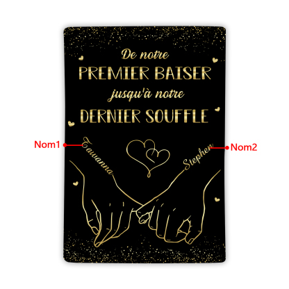 Couverture plaids polaire mains et cœur 2 Prénoms Personnalisés Noir Cadeau Romantique pour couple saint valentin | Jessemade