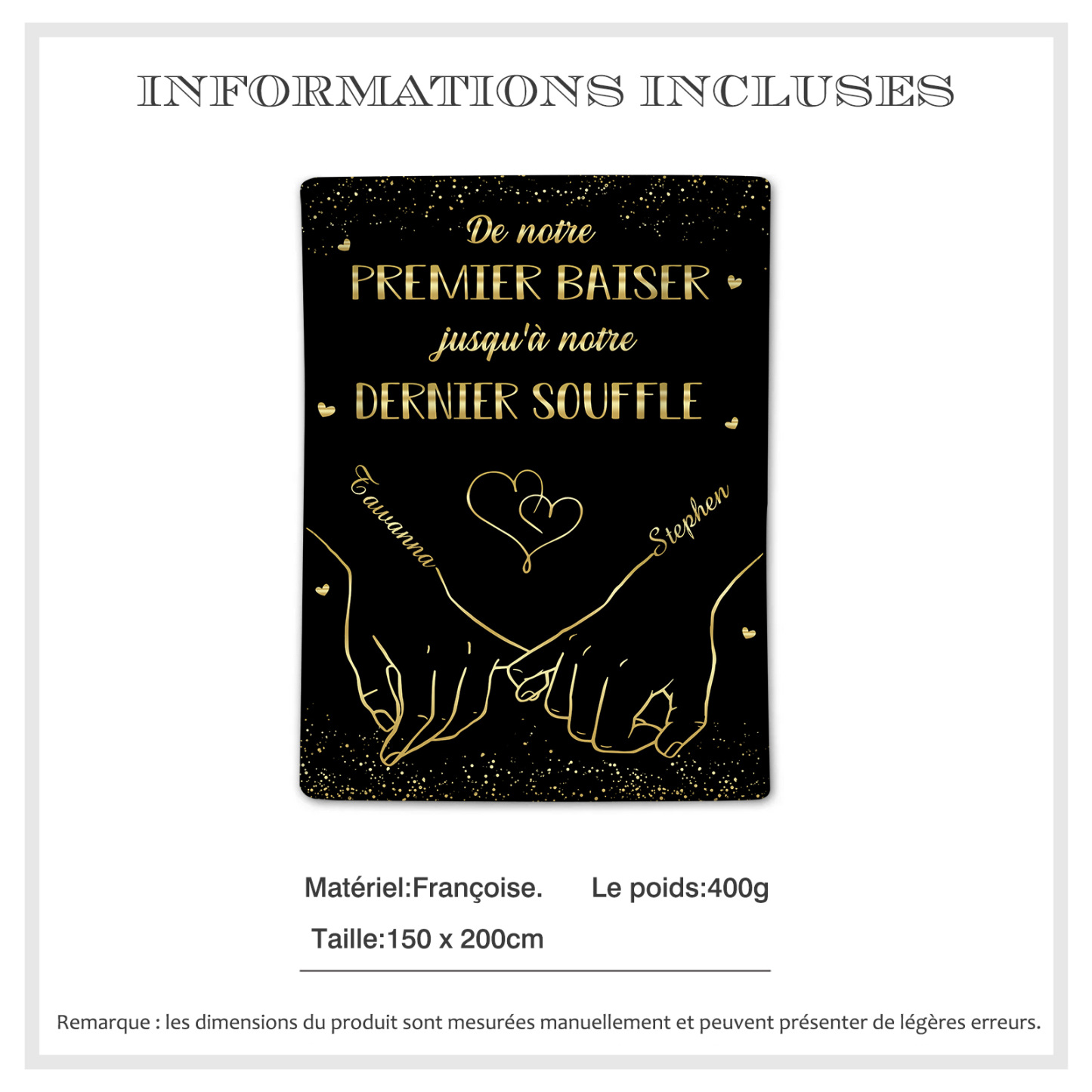 Couverture plaids polaire mains et cœur 2 Prénoms Personnalisés Noir Cadeau Romantique pour couple saint valentin | Jessemade