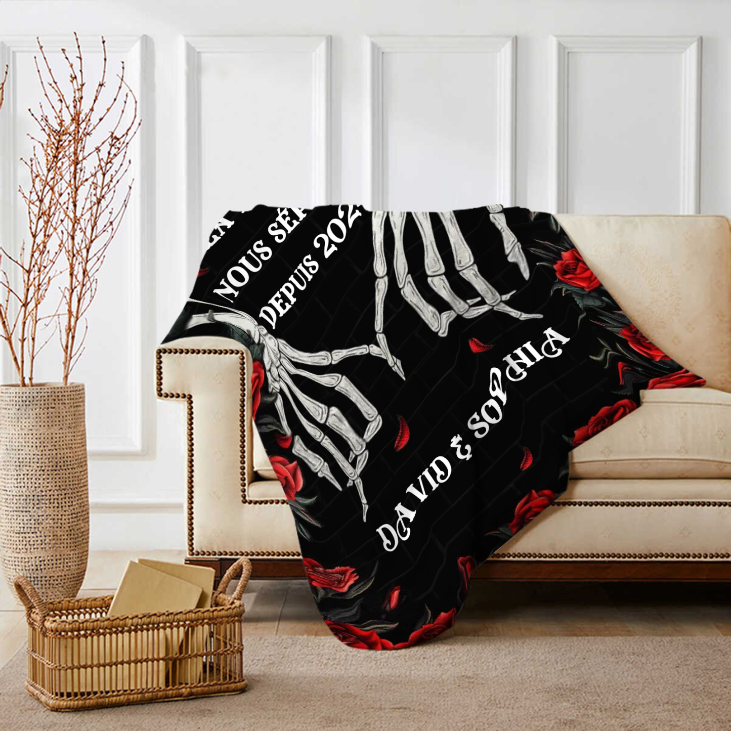 Couverture plaids polaire squelettes entrelacés et de roses rouges 2 Prénoms Personnalisés avec texte Cadeau pour couple saint valentin | Jessemade