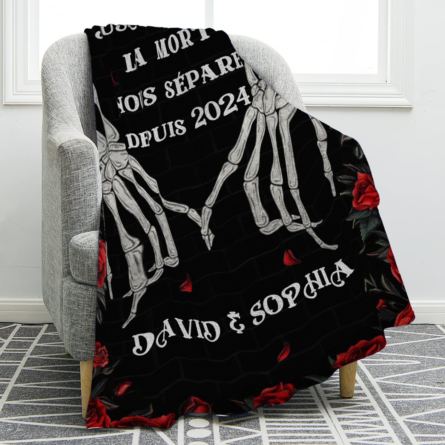 Couverture plaids polaire squelettes entrelacés et de roses rouges 2 Prénoms Personnalisés avec texte Cadeau pour couple saint valentin | Jessemade