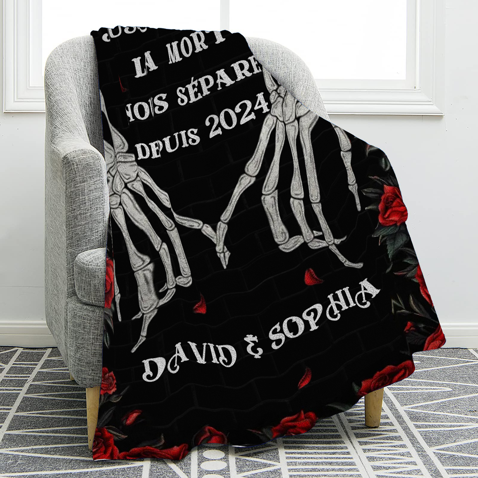 Couverture plaids polaire squelettes entrelacés et de roses rouges 2 Prénoms Personnalisés avec texte Cadeau pour couple saint valentin | Jessemade