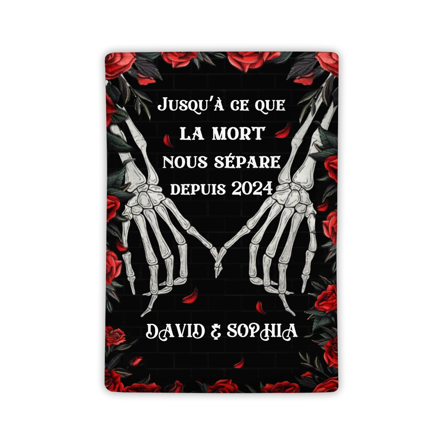 Couverture plaids polaire squelettes entrelacés et de roses rouges 2 Prénoms Personnalisés avec texte Cadeau pour couple saint valentin | Jessemade