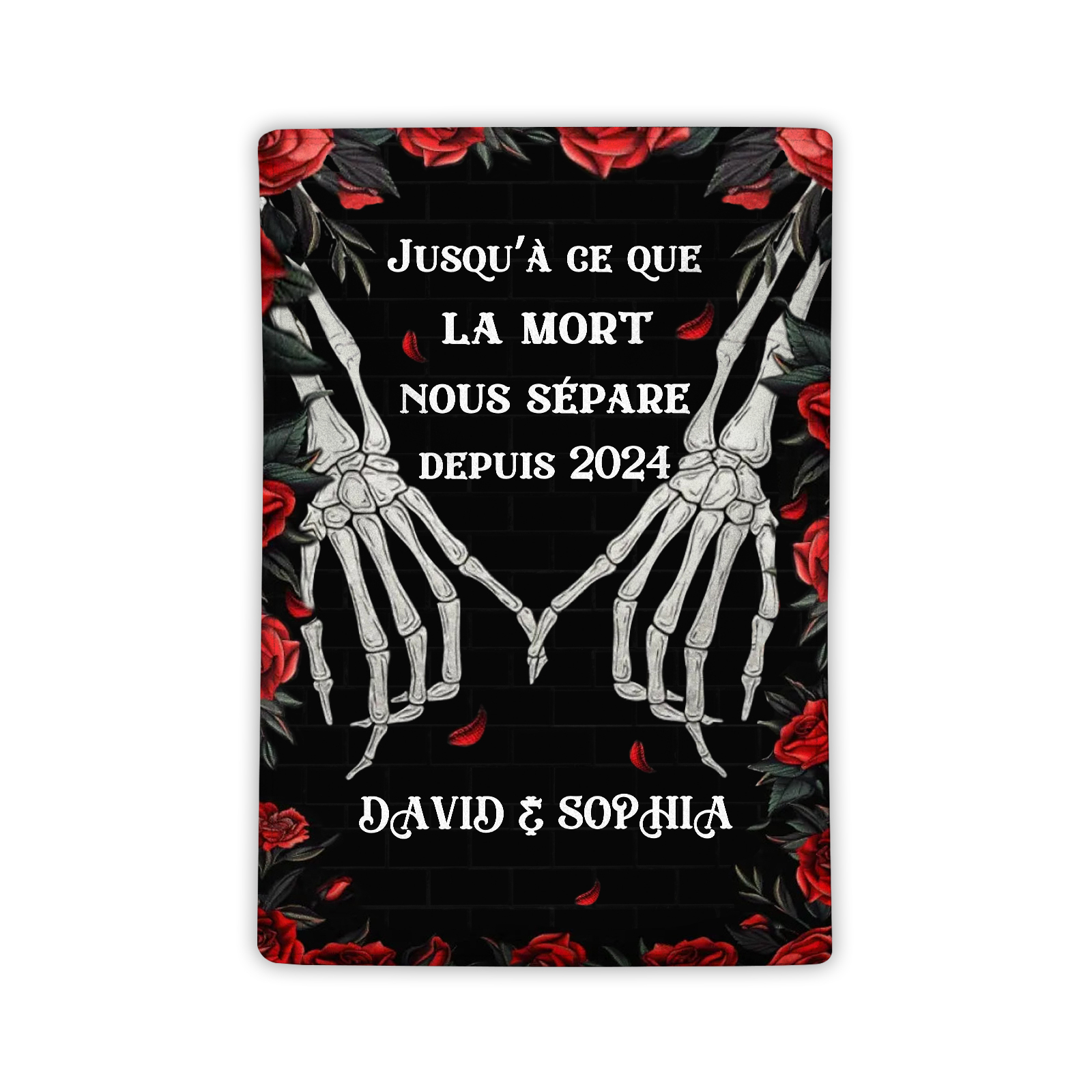 Couverture plaids polaire squelettes entrelacés et de roses rouges 2 Prénoms Personnalisés avec texte Cadeau pour couple saint valentin | Jessemade