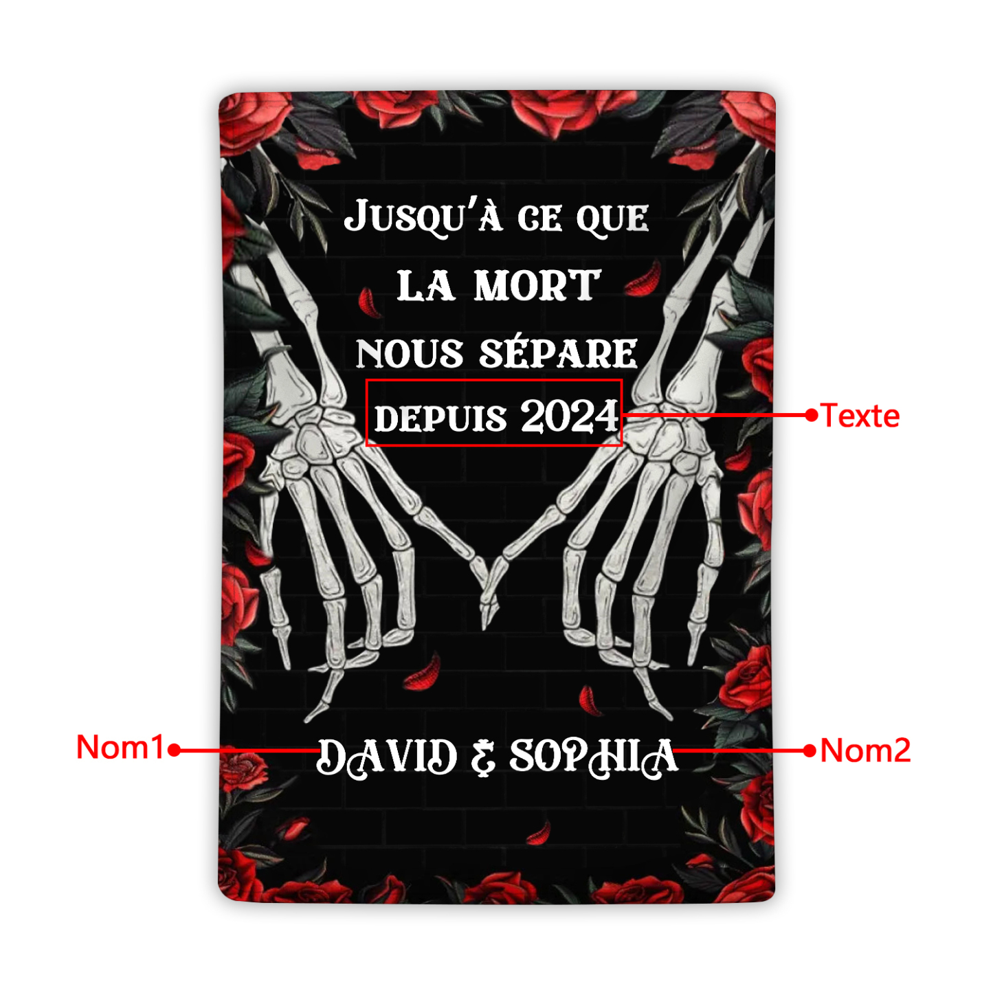 Couverture plaids polaire squelettes entrelacés et de roses rouges 2 Prénoms Personnalisés avec texte Cadeau pour couple saint valentin | Jessemade