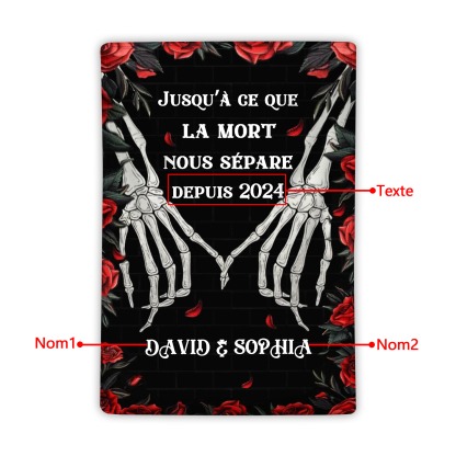Couverture plaids polaire squelettes entrelacés et de roses rouges 2 Prénoms Personnalisés avec texte Cadeau pour couple saint valentin | Jessemade