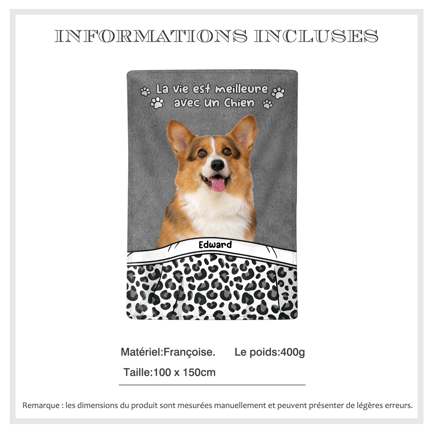 Couverture plaids polaire animal 1 Prénom Personnalisé avec photo de chien ou chat Cadeau pour famille | Jessemade