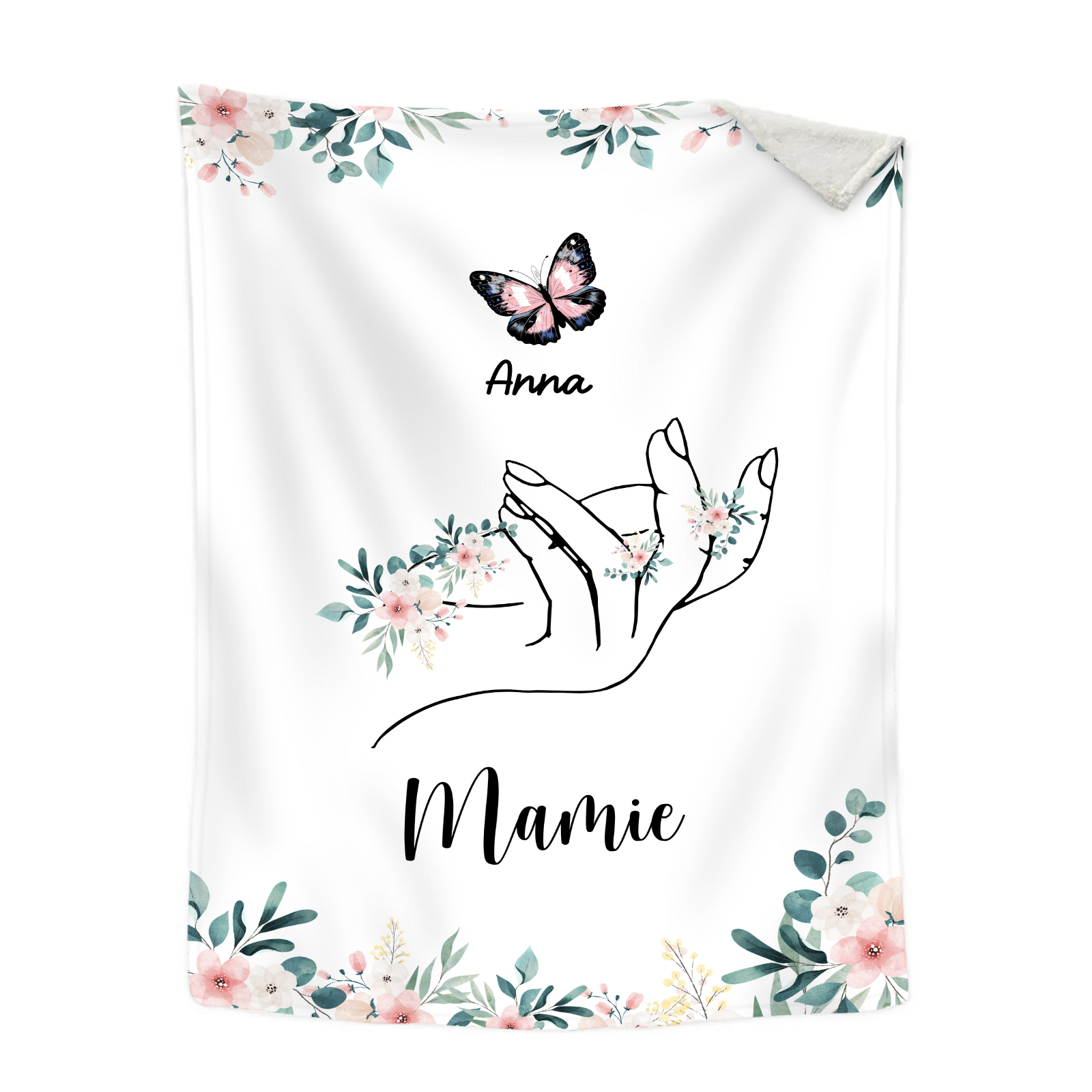 À Mamie Couverture de Noël plaids polaire mains et papillon Prénom personnalisé avec texte Cadeau pour famille | Jessemade