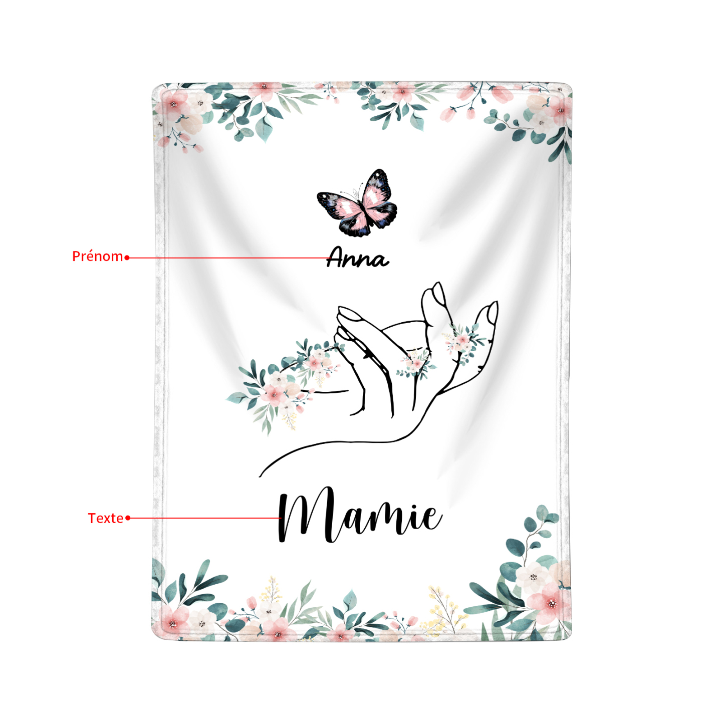 À Mamie Couverture de Noël plaids polaire mains et papillon Prénom personnalisé avec texte Cadeau pour famille | Jessemade