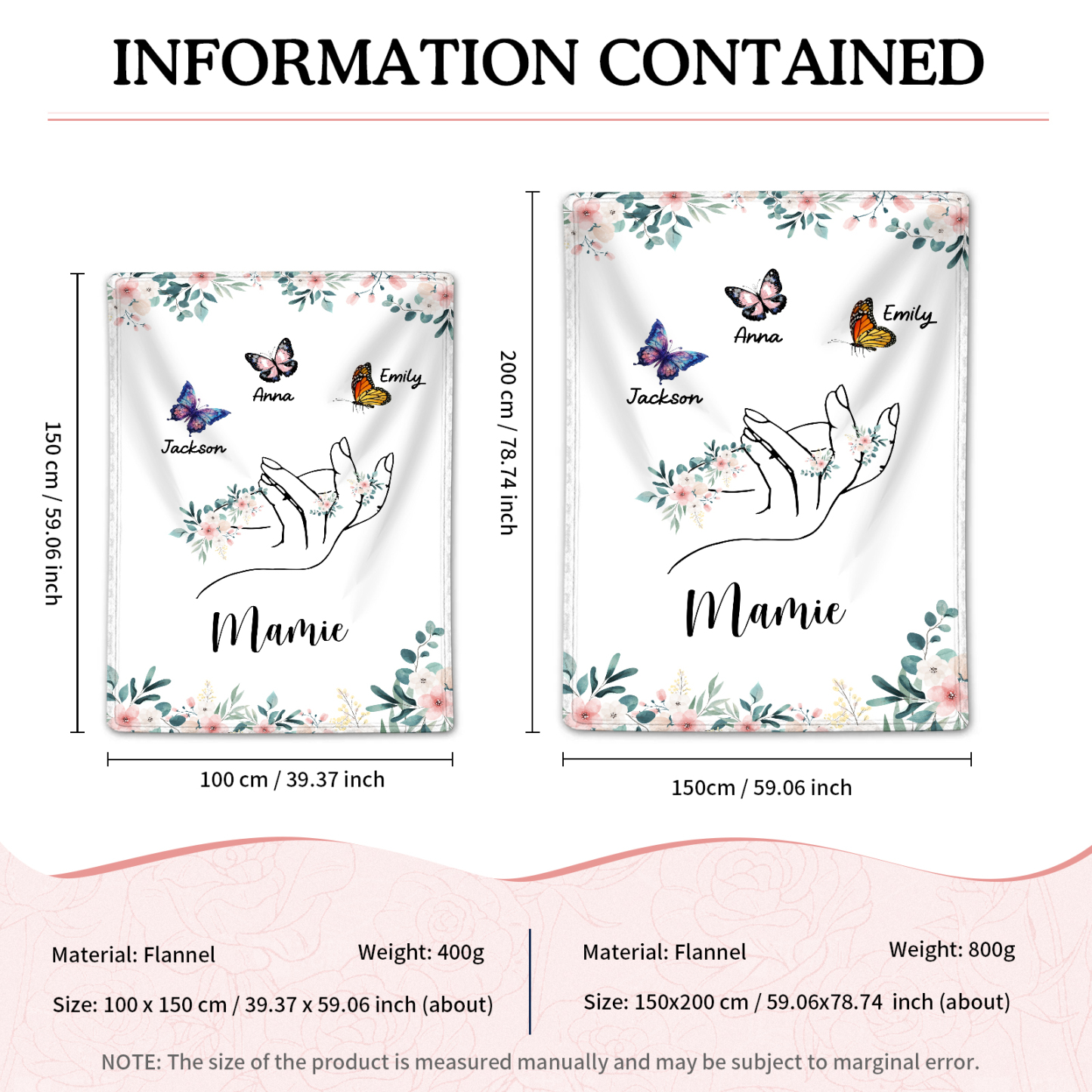À Mamie Couverture de Noël plaids polaire mains et papillon 3 Prénoms personnalisés avec texte Cadeau pour famille | Jessemade