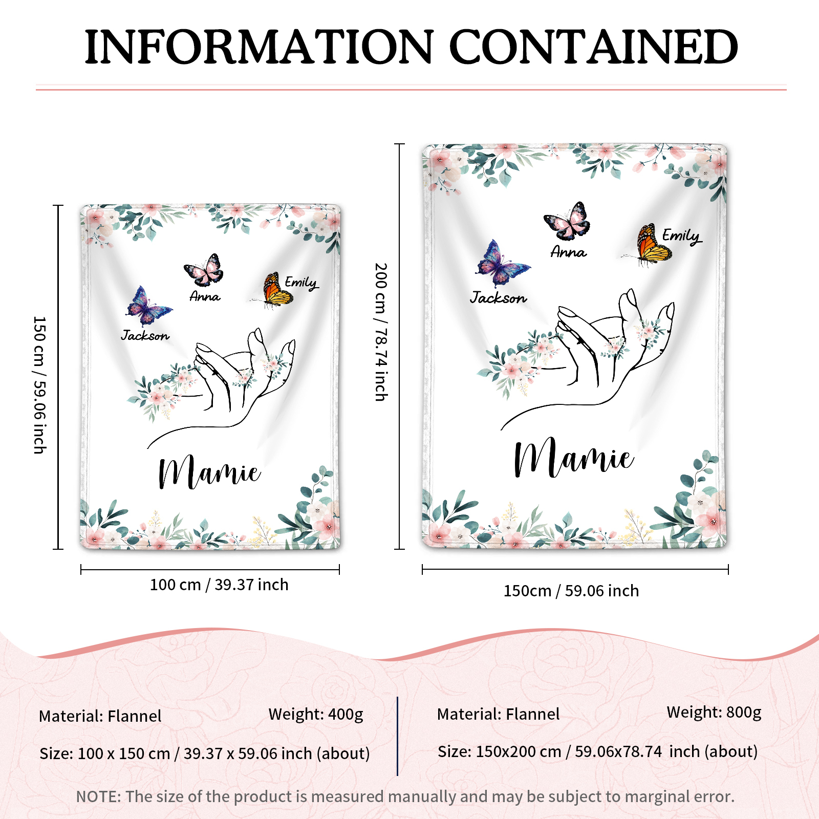 À Mamie Couverture de Noël plaids polaire mains et papillon 3 Prénoms personnalisés avec texte Cadeau pour famille | Jessemade