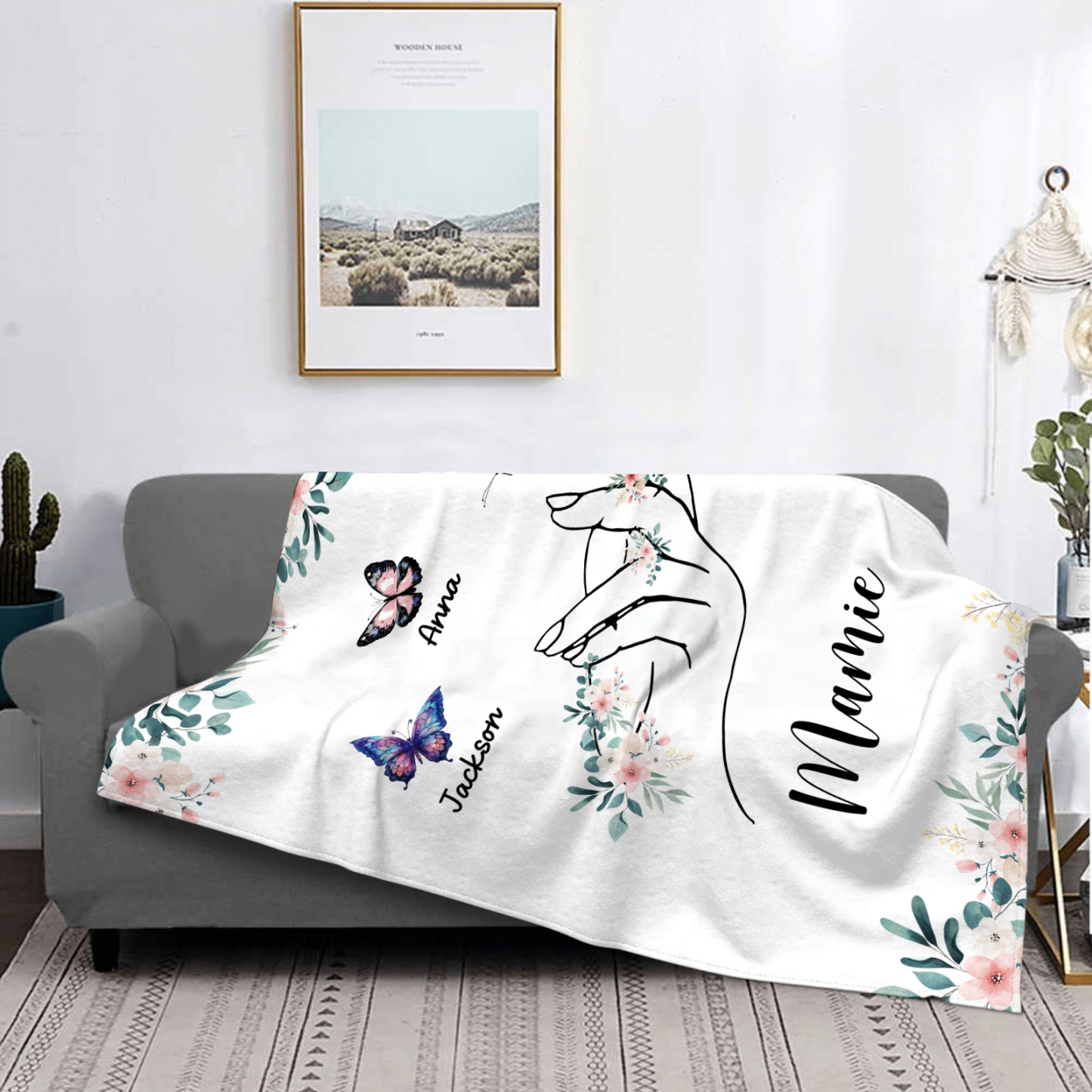 À Mamie Couverture de Noël plaids polaire mains et papillon 3 Prénoms personnalisés avec texte Cadeau pour famille | Jessemade