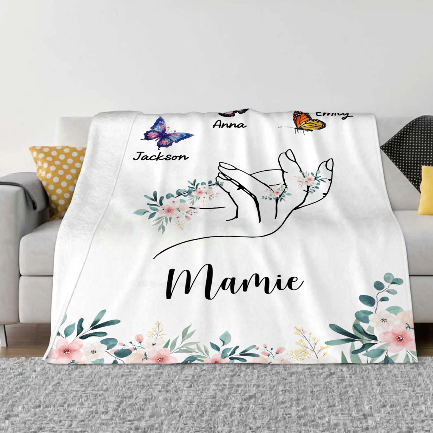 À Mamie Couverture de Noël plaids polaire mains et papillon 3 Prénoms personnalisés avec texte Cadeau pour famille | Jessemade
