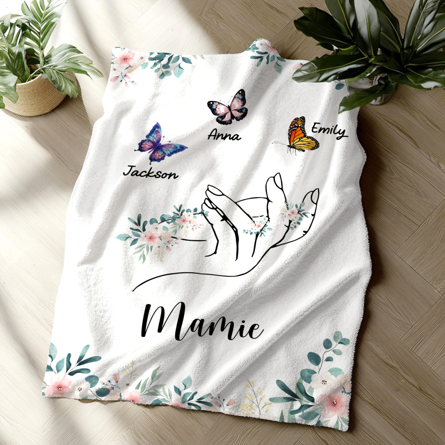 À Mamie Couverture de Noël plaids polaire mains et papillon 3 Prénoms