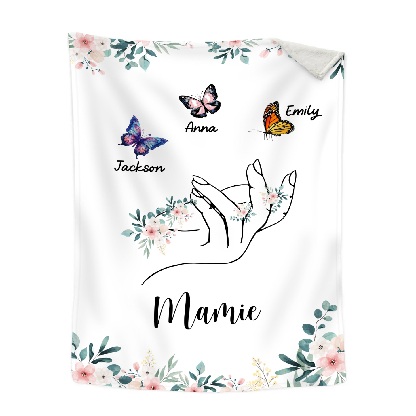 À Mamie Couverture de Noël plaids polaire mains et papillon 3 Prénoms personnalisés avec texte Cadeau pour famille | Jessemade