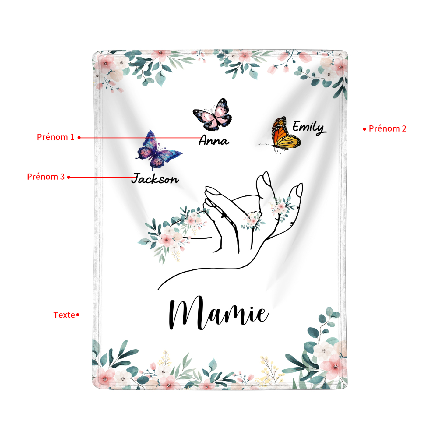 À Mamie Couverture de Noël plaids polaire mains et papillon 3 Prénoms personnalisés avec texte Cadeau pour famille | Jessemade