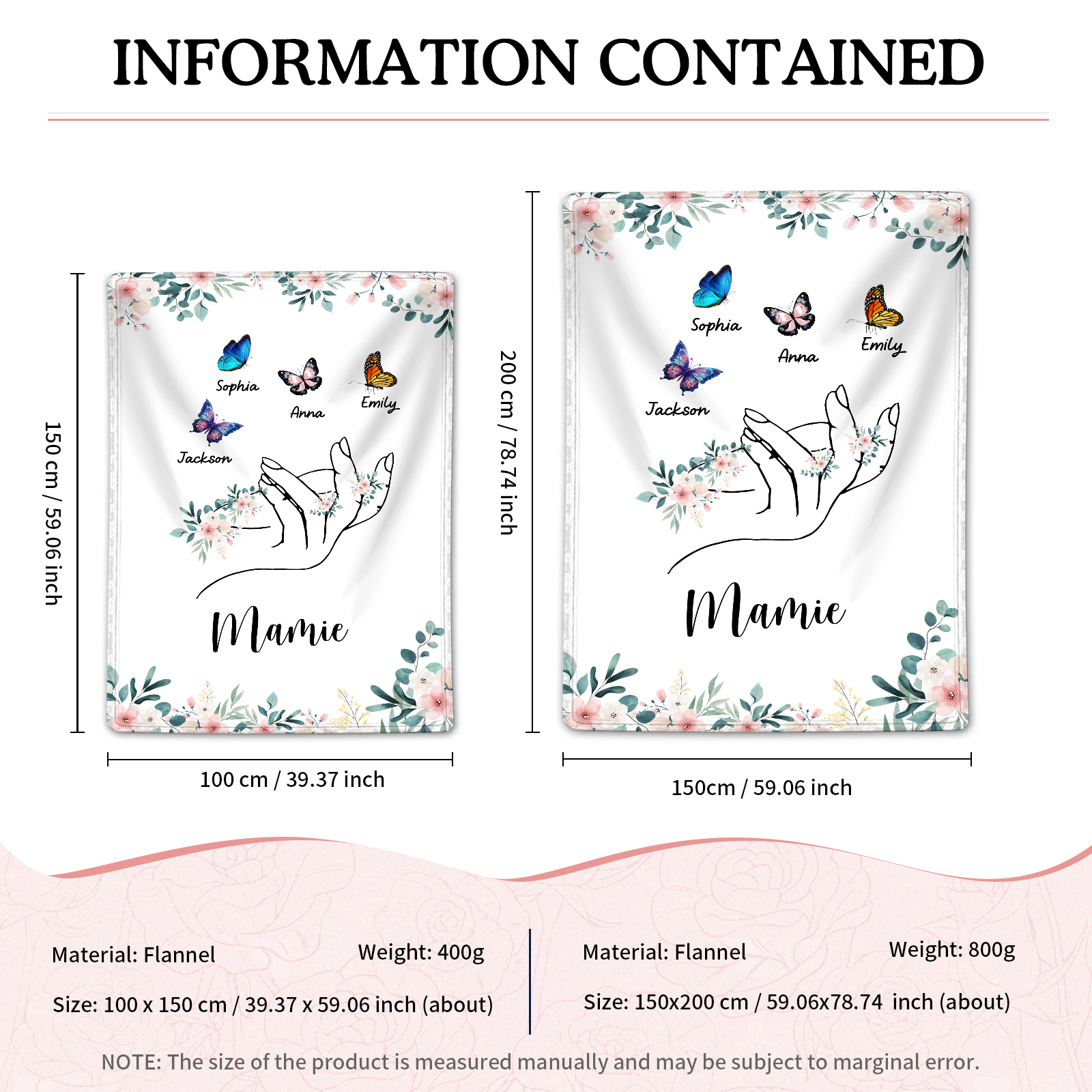 À Mamie Couverture de Noël plaids polaire mains et papillon 4 Prénoms personnalisés avec texte Cadeau pour famille | Jessemade