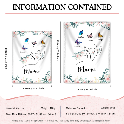 À Mamie Couverture de Noël plaids polaire mains et papillon 4 Prénoms personnalisés avec texte Cadeau pour famille | Jessemade