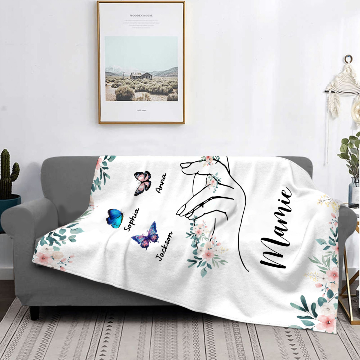 À Mamie Couverture de Noël plaids polaire mains et papillon 4 Prénoms personnalisés avec texte Cadeau pour famille | Jessemade