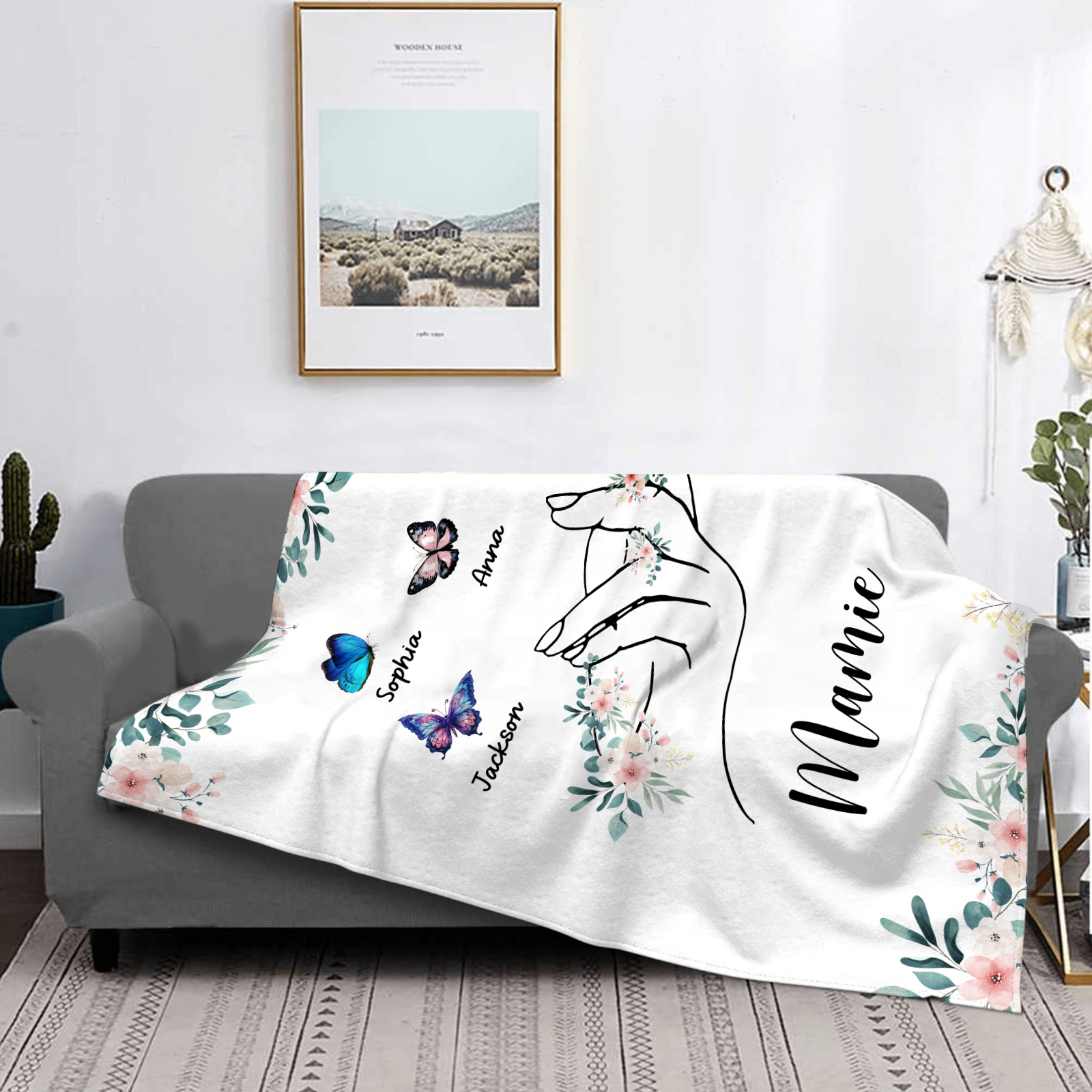 À Mamie Couverture de Noël plaids polaire mains et papillon 4 Prénoms personnalisés avec texte Cadeau pour famille | Jessemade