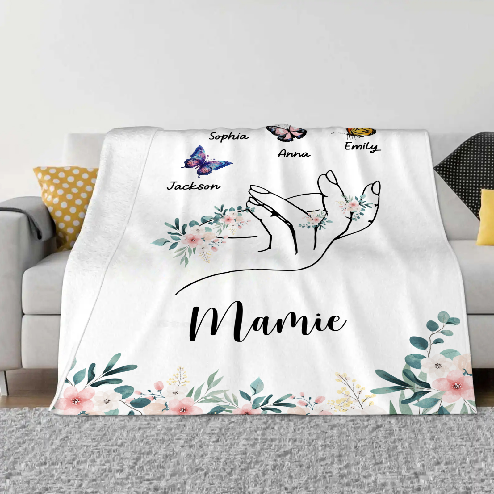 À Mamie Couverture de Noël plaids polaire mains et papillon 4 Prénoms personnalisés avec texte Cadeau pour famille | Jessemade