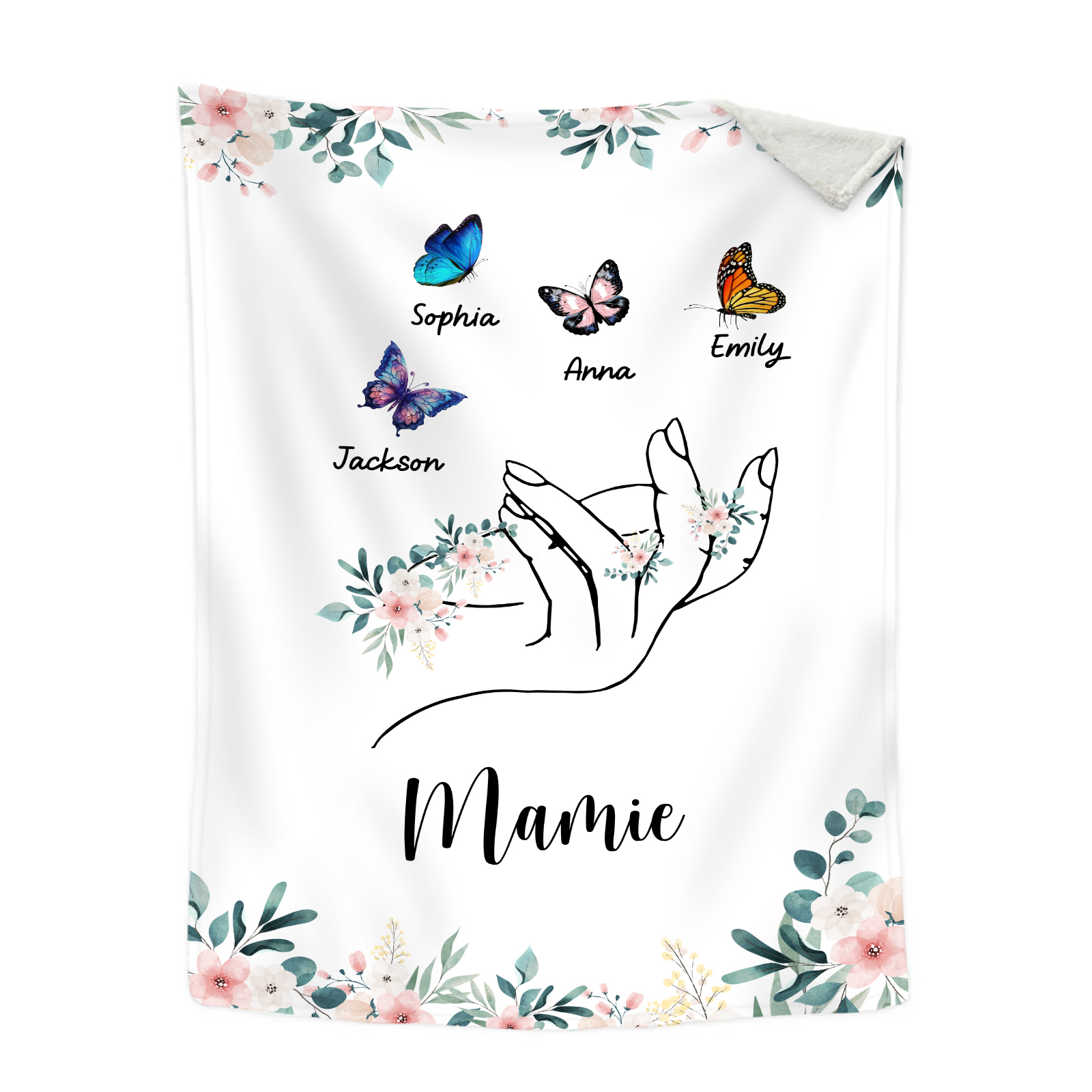 À Mamie Couverture de Noël plaids polaire mains et papillon 4 Prénoms personnalisés avec texte Cadeau pour famille | Jessemade