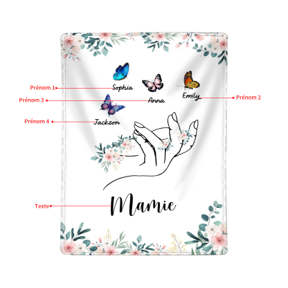 À Mamie Couverture de Noël plaids polaire mains et papillon 4 Prénoms personnalisés avec texte Cadeau pour famille | Jessemade
