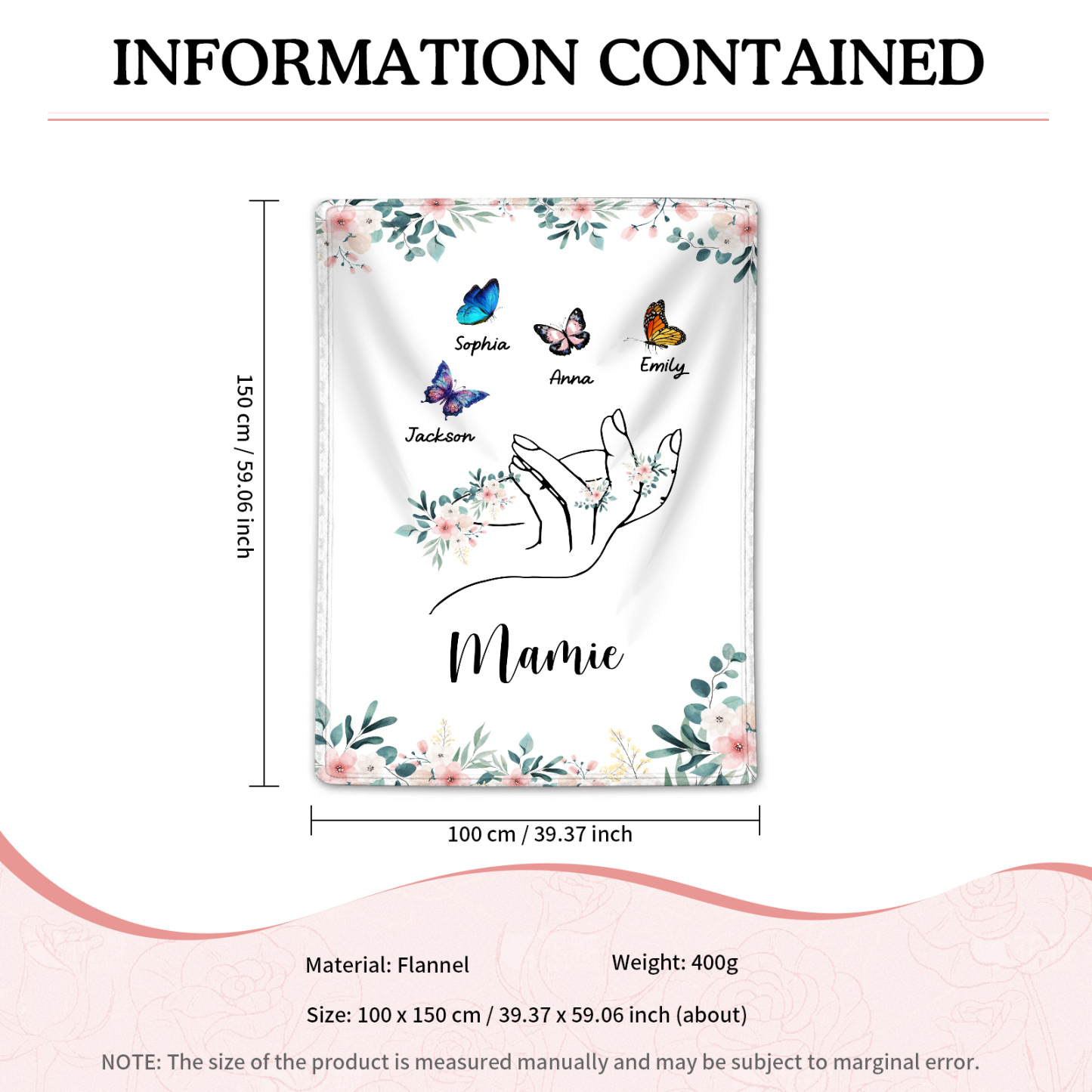 À Mamie Couverture de Noël plaids polaire mains et papillon 4 Prénoms personnalisés avec texte Cadeau pour famille | Jessemade