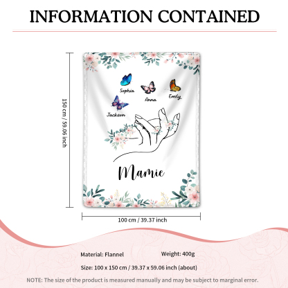 À Mamie Couverture de Noël plaids polaire mains et papillon 4 Prénoms personnalisés avec texte Cadeau pour famille | Jessemade