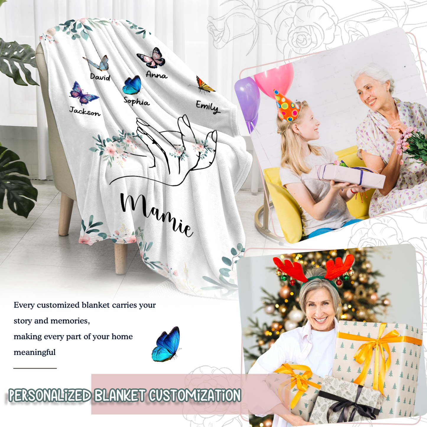 À Mamie Couverture de Noël plaids polaire mains et papillon 5 Prénoms personnalisés avec texte Cadeau pour famille | Jessemade