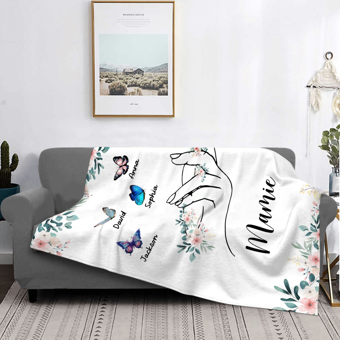 À Mamie Couverture de Noël plaids polaire mains et papillon 5 Prénoms personnalisés avec texte Cadeau pour famille | Jessemade