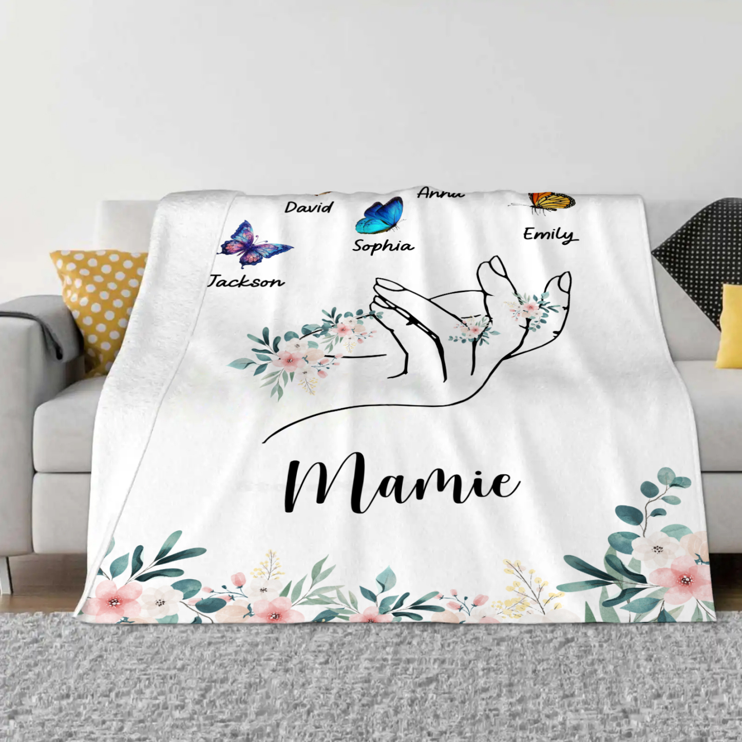 À Mamie Couverture de Noël plaids polaire mains et papillon 5 Prénoms personnalisés avec texte Cadeau pour famille | Jessemade