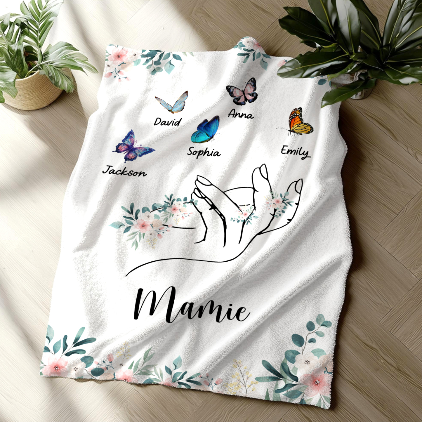 À Mamie Couverture de Noël plaids polaire mains et papillon 5 Prénoms