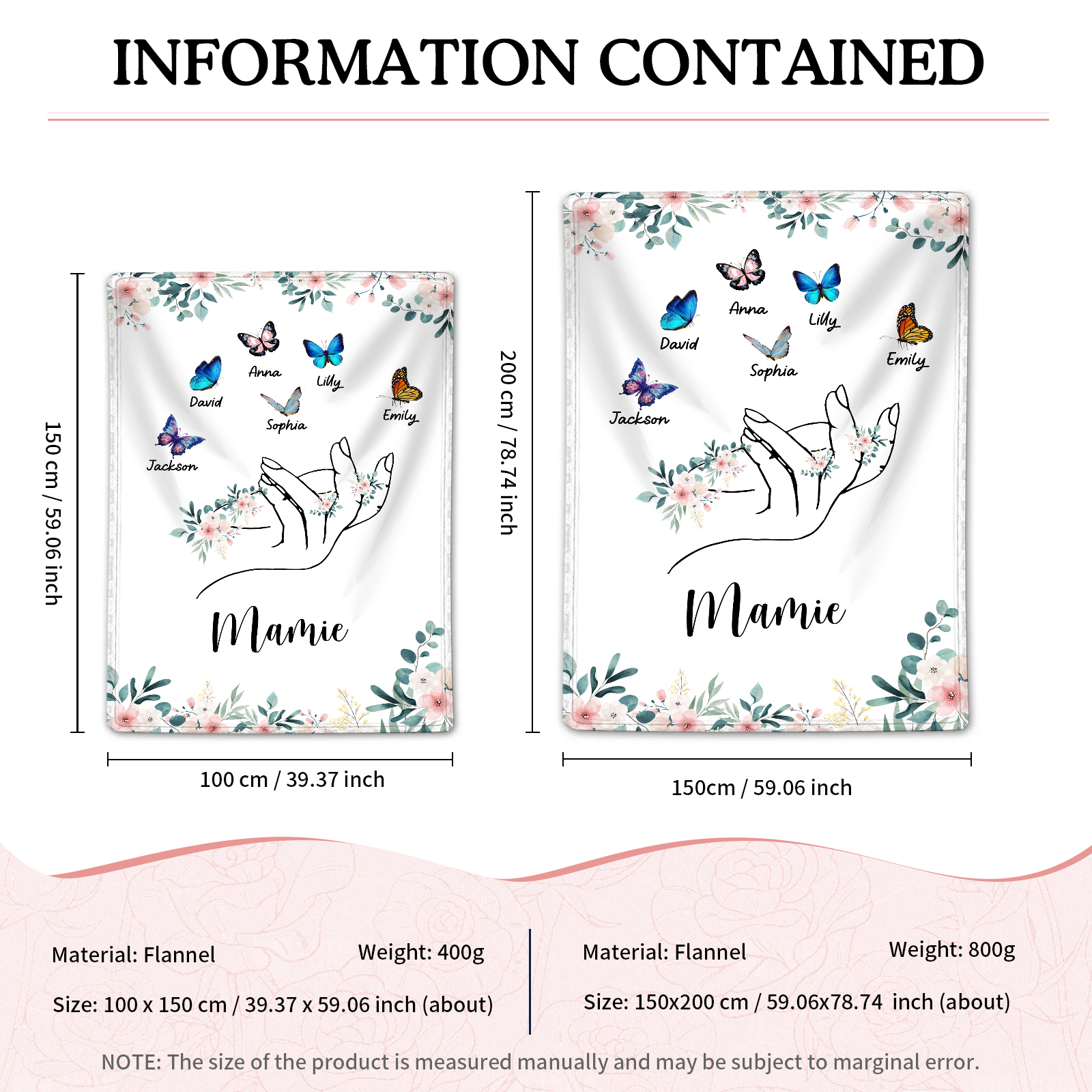 À Mamie Couverture de Noël plaids polaire mains et papillon 6 Prénoms personnalisés avec texte Cadeau pour famille | Jessemade