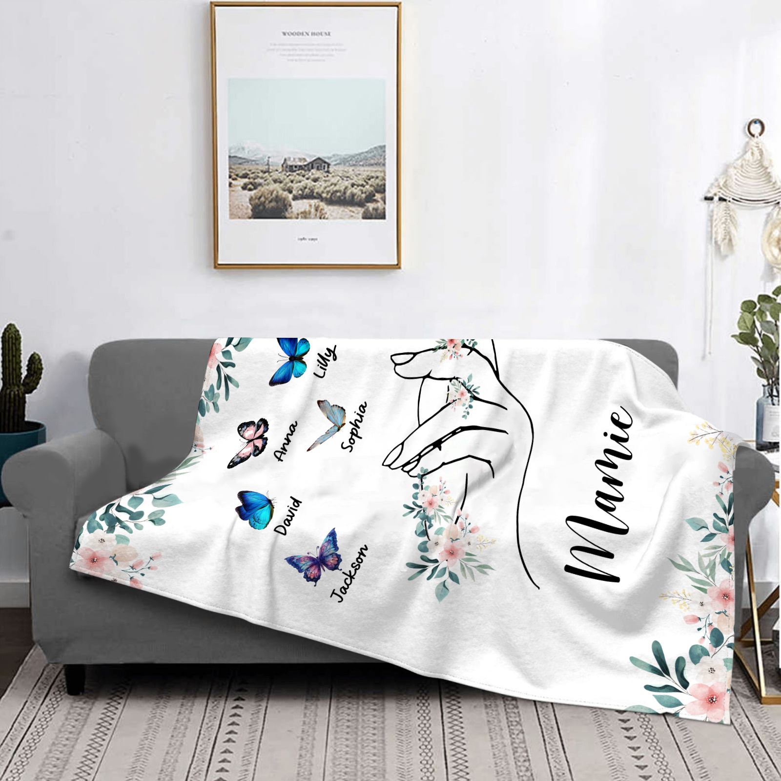 À Mamie Couverture de Noël plaids polaire mains et papillon 6 Prénoms personnalisés avec texte Cadeau pour famille | Jessemade