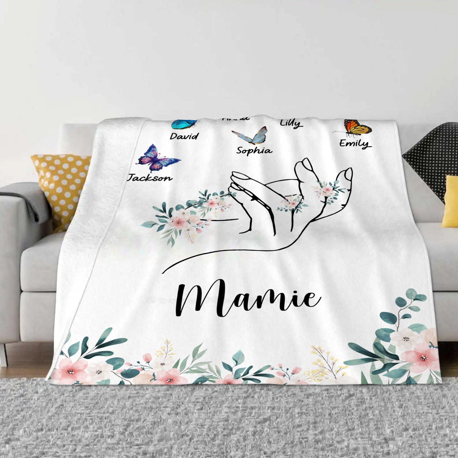 À Mamie Couverture de Noël plaids polaire mains et papillon 6 Prénoms personnalisés avec texte Cadeau pour famille | Jessemade