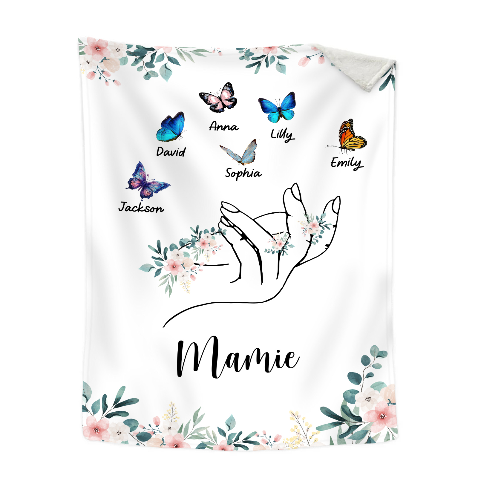 À Mamie Couverture de Noël plaids polaire mains et papillon 6 Prénoms personnalisés avec texte Cadeau pour famille | Jessemade