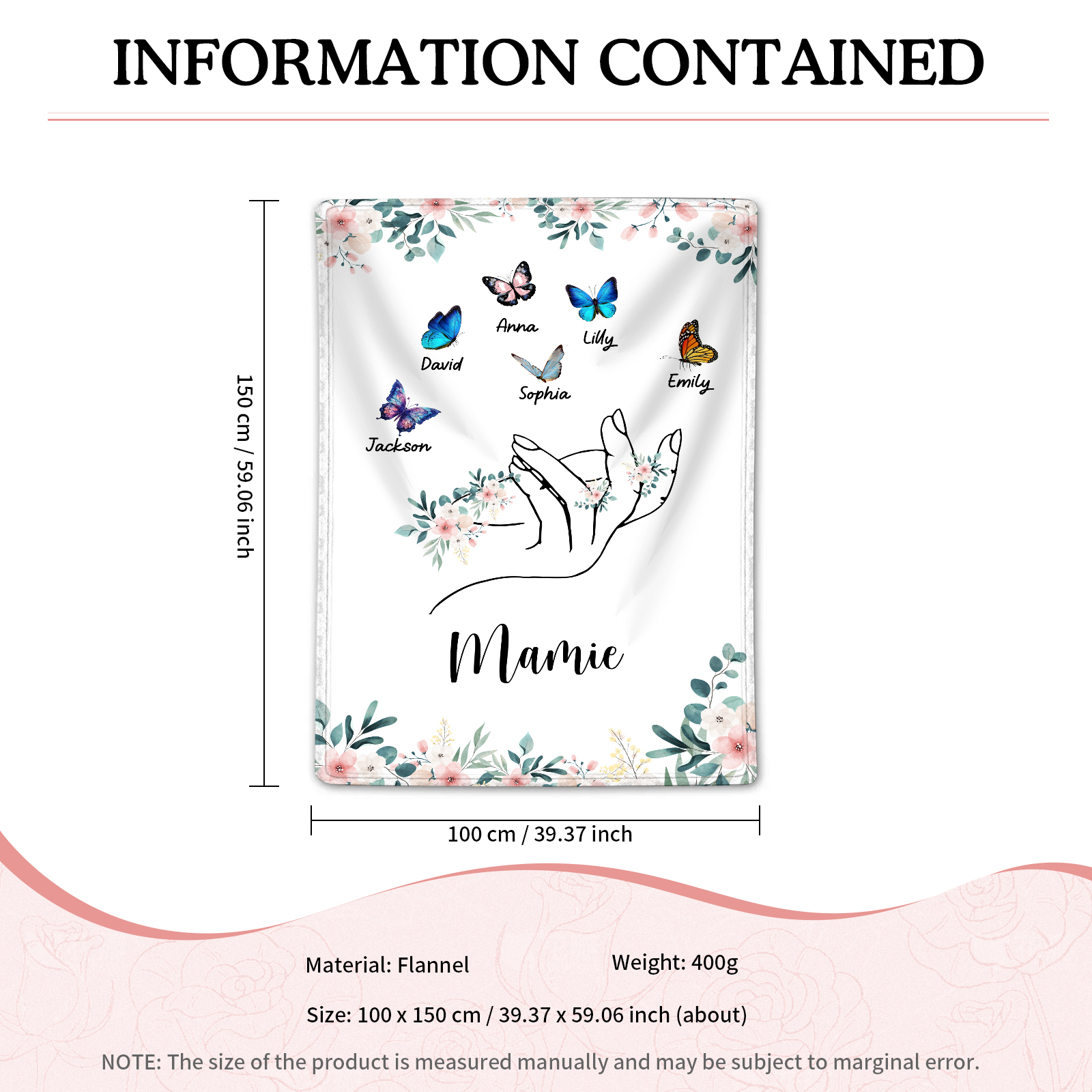 À Mamie Couverture de Noël plaids polaire mains et papillon 6 Prénoms personnalisés avec texte Cadeau pour famille | Jessemade