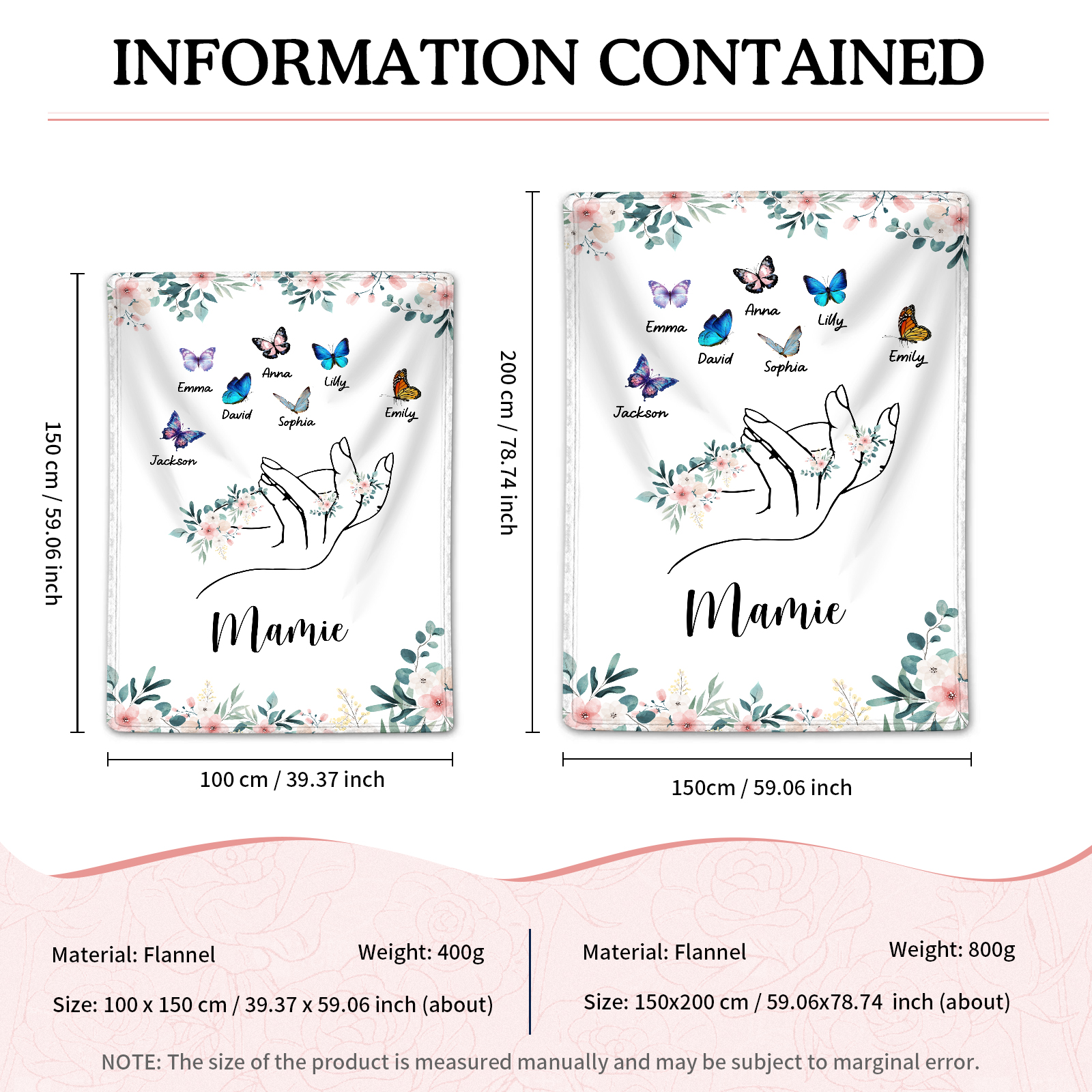 À Mamie Couverture de Noël plaids polaire mains et papillon 7 Prénoms personnalisés avec texte Cadeau pour famille | Jessemade