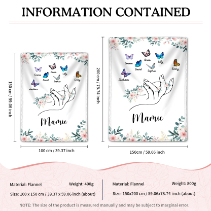 À Mamie Couverture de Noël plaids polaire mains et papillon 7 Prénoms personnalisés avec texte Cadeau pour famille | Jessemade