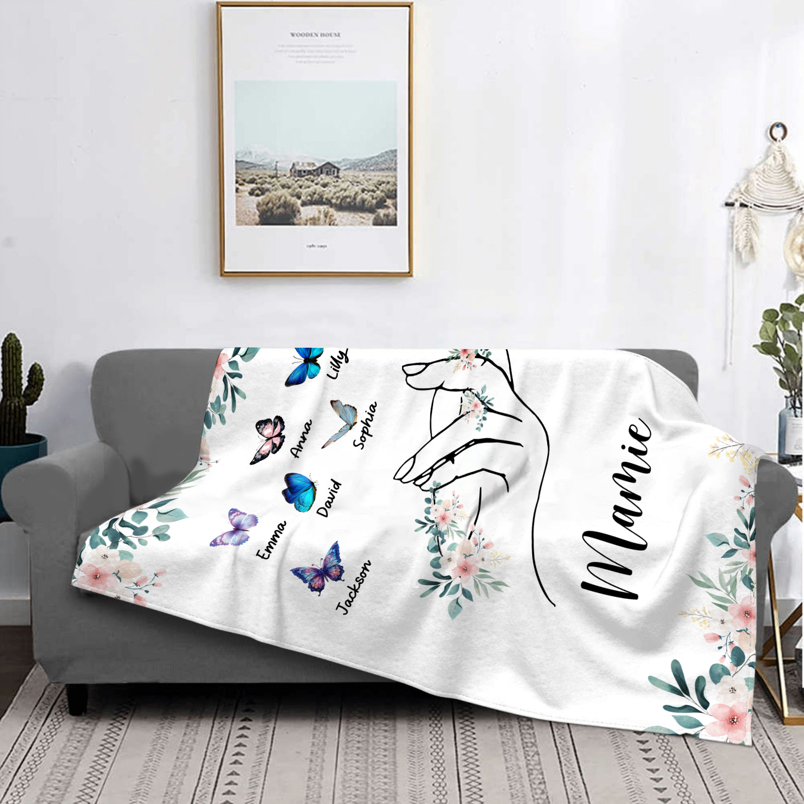 À Mamie Couverture de Noël plaids polaire mains et papillon 7 Prénoms personnalisés avec texte Cadeau pour famille | Jessemade