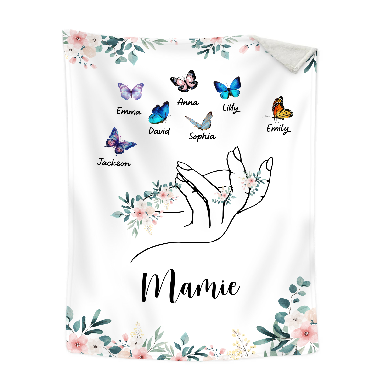 À Mamie Couverture de Noël plaids polaire mains et papillon 7 Prénoms personnalisés avec texte Cadeau pour famille | Jessemade