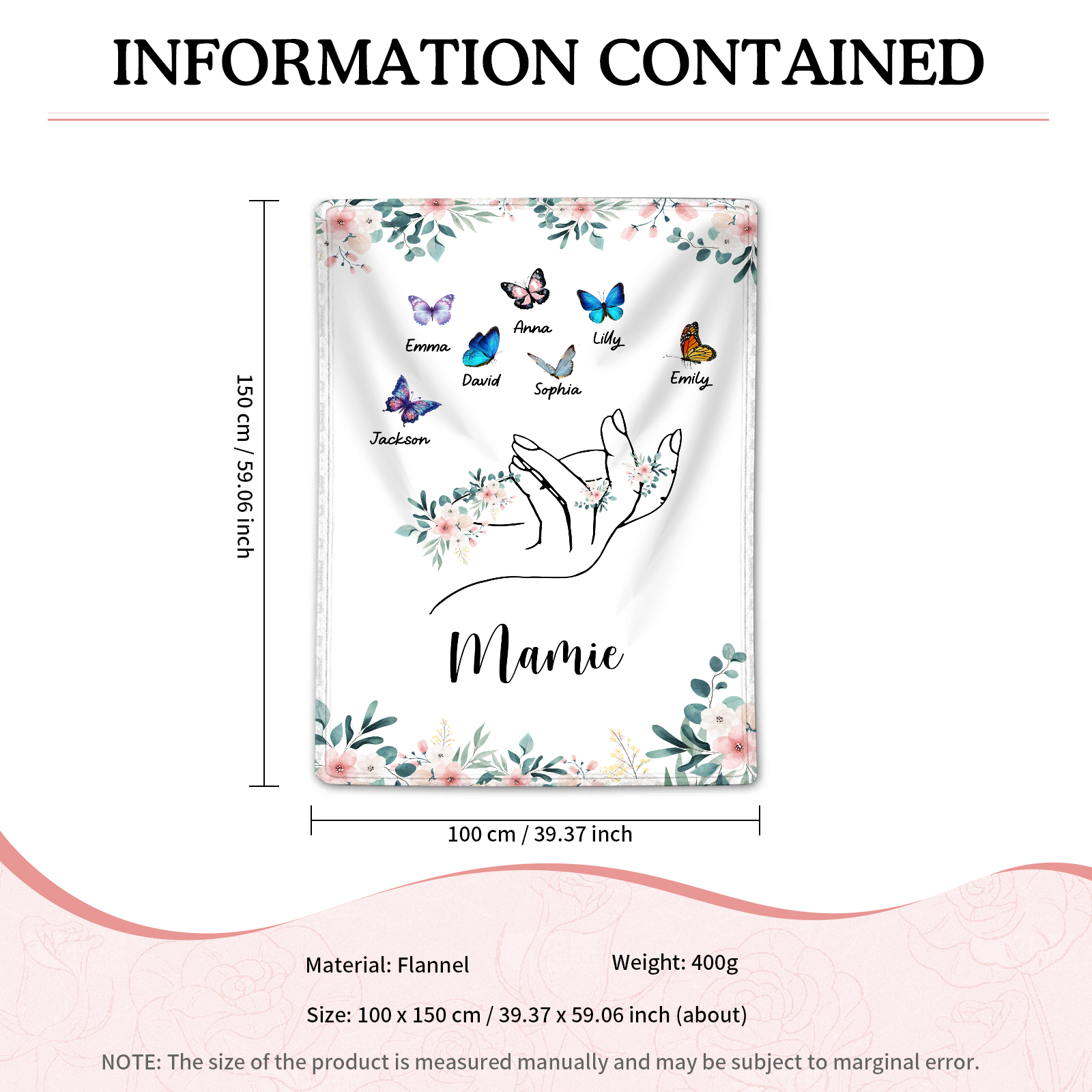 À Mamie Couverture de Noël plaids polaire mains et papillon 7 Prénoms personnalisés avec texte Cadeau pour famille | Jessemade